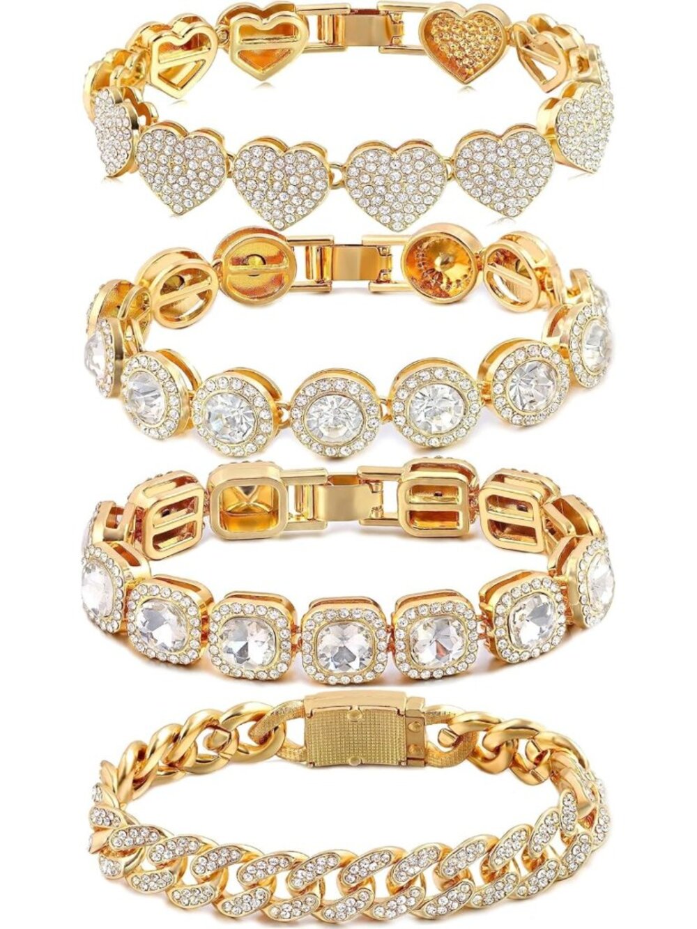 4PCS Gold & Silver Bracelet Set for Women - Tennis, Heart, Diamond, Cuban Links